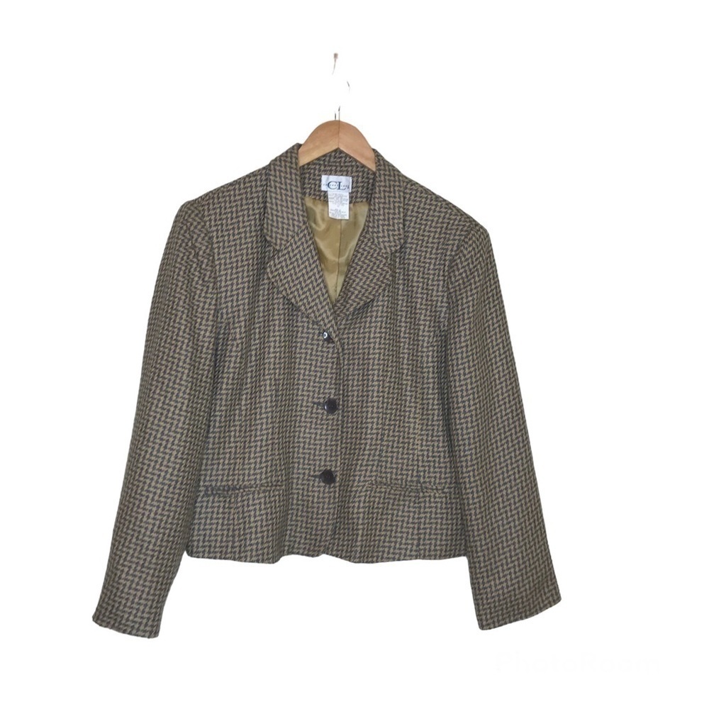 Cricket Lane Womens Size 18 Blazer Gray Tan Houndstooth 3 Buttons Lined Twee VTG